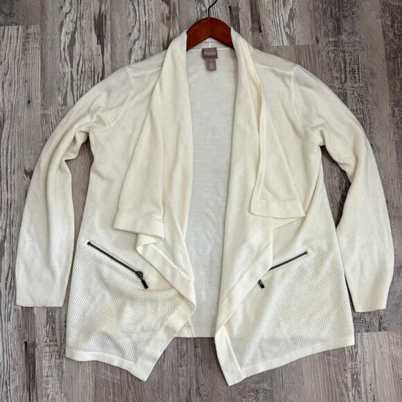 Chico’s Women’s Medium Cream Open Front Drape Cardigan Zip Pockets - Picture 1 of 12